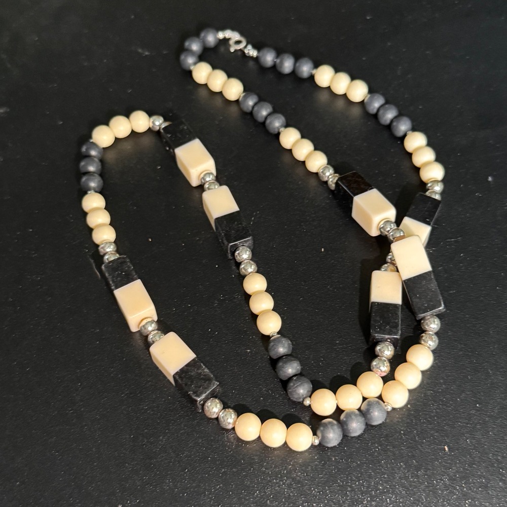 Vintage Geometric Beaded Strand Necklace Black Cream Art Deco Style
